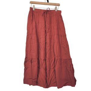Women's  Pleated Midi  Skirt Drawstring Elastic Waist Red Red Brown Medium
